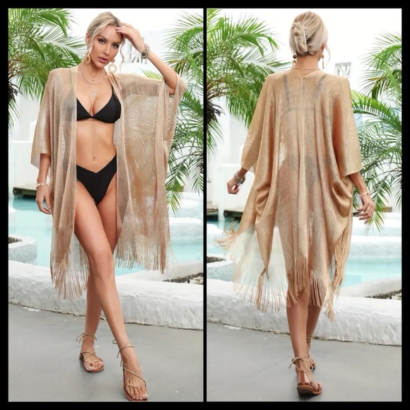 BOUTIQUE  Metallic Net Fringed Cover Up, Tassel Semi Sheer - Picture 4 of 8